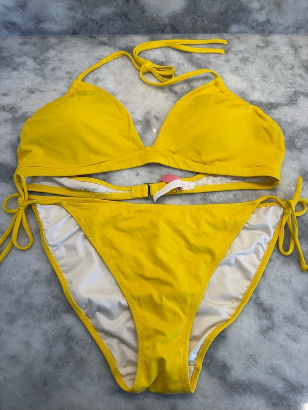 Victoria’s Secret Yellow Bikini Set XL Top L Bottom Halter Side Tie